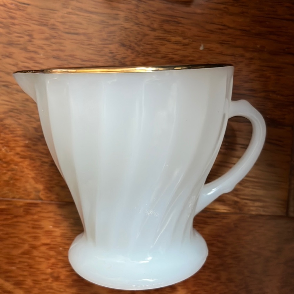 Vintage Fire King Milk Glass Creamer, Cream Pitcher; Twist with gold accent